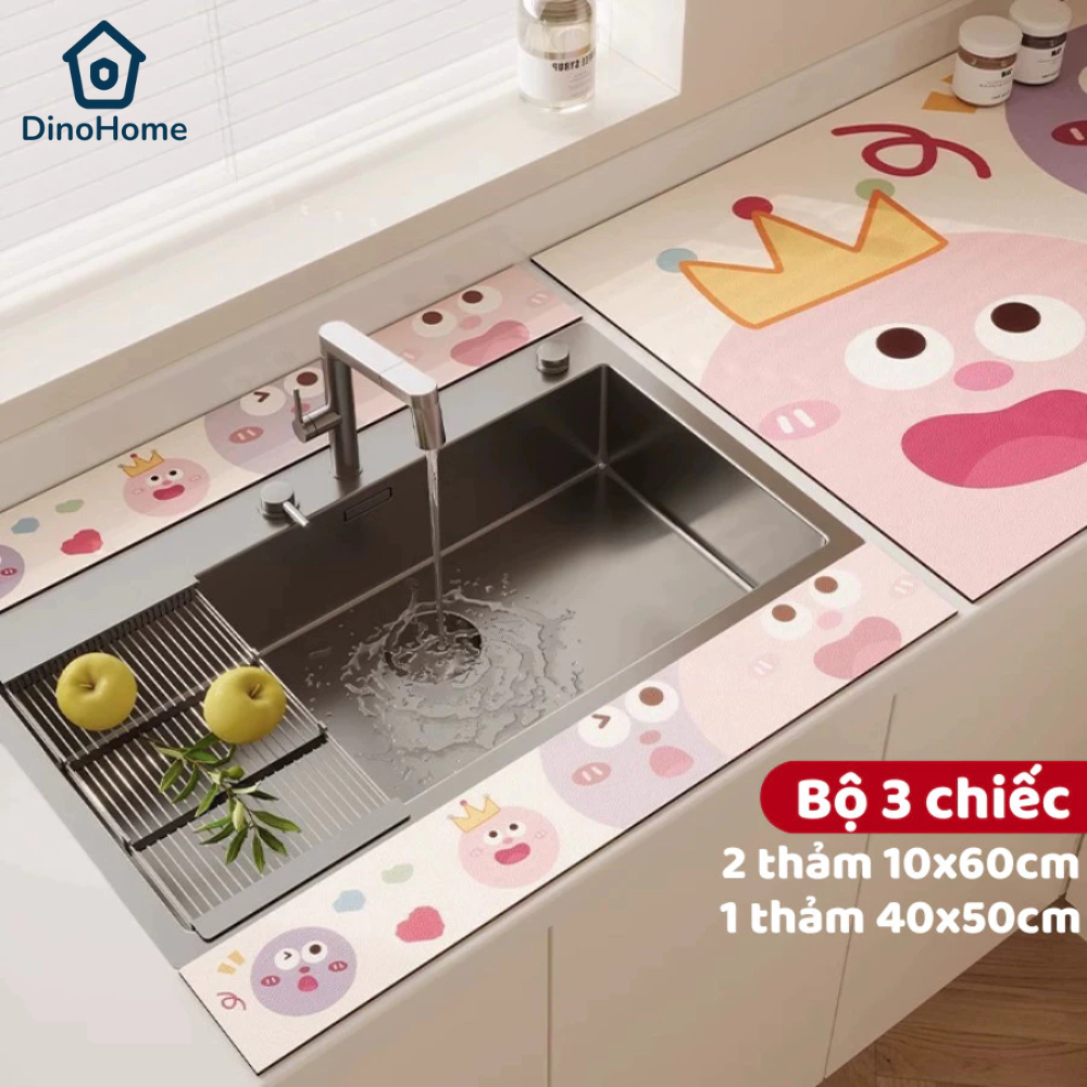 Combo 3 Thảm Thấm Hút Nước Bồn Rửa Chén Bát DINO Trọn Bộ Thảm Nhanh Khô, Chất Liệu Bùn Tảo Cát Cao Su Chống Trượt