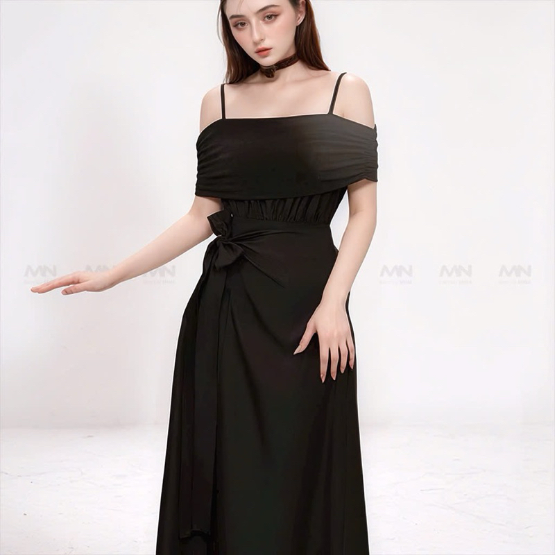 Ảnh Đầm dự tiệc MINA hai dây trễ vai dáng xoè vạt chéo midi chất Cotton phối thun Lazong màu đen MN250 2