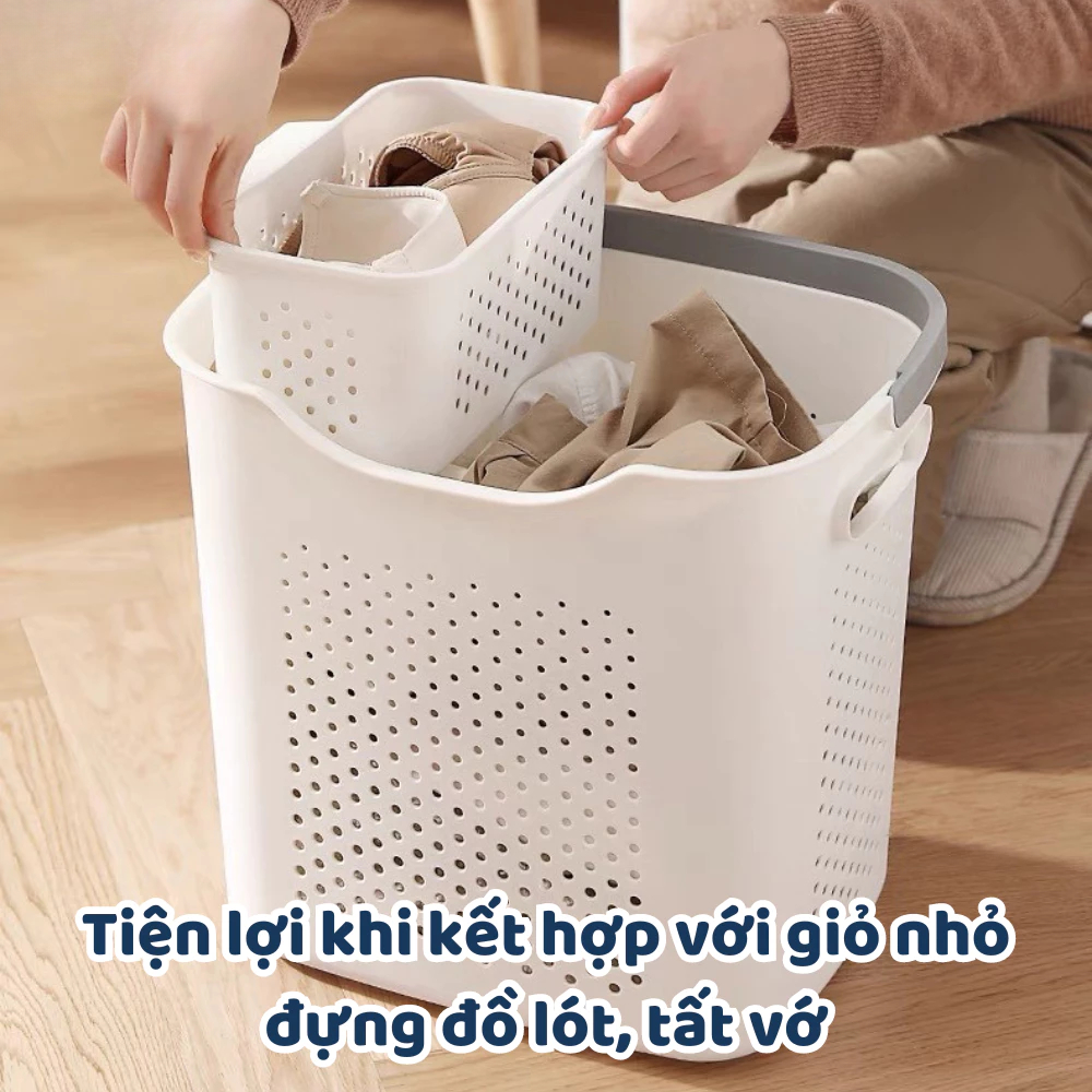 Giỏ đựng quần áo đa năng, kết hợp giỏ nhỏ đựng đồ lót, có quai xách nhựa PP cứng cáp thiết kế hiện đại