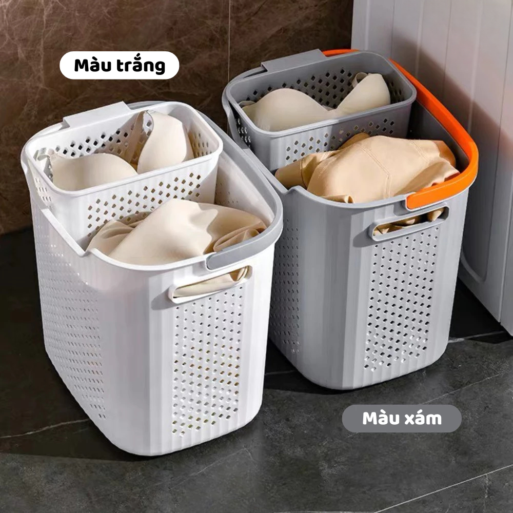 Giỏ đựng quần áo đa năng, kết hợp giỏ nhỏ đựng đồ lót, có quai xách nhựa PP cứng cáp thiết kế hiện đại