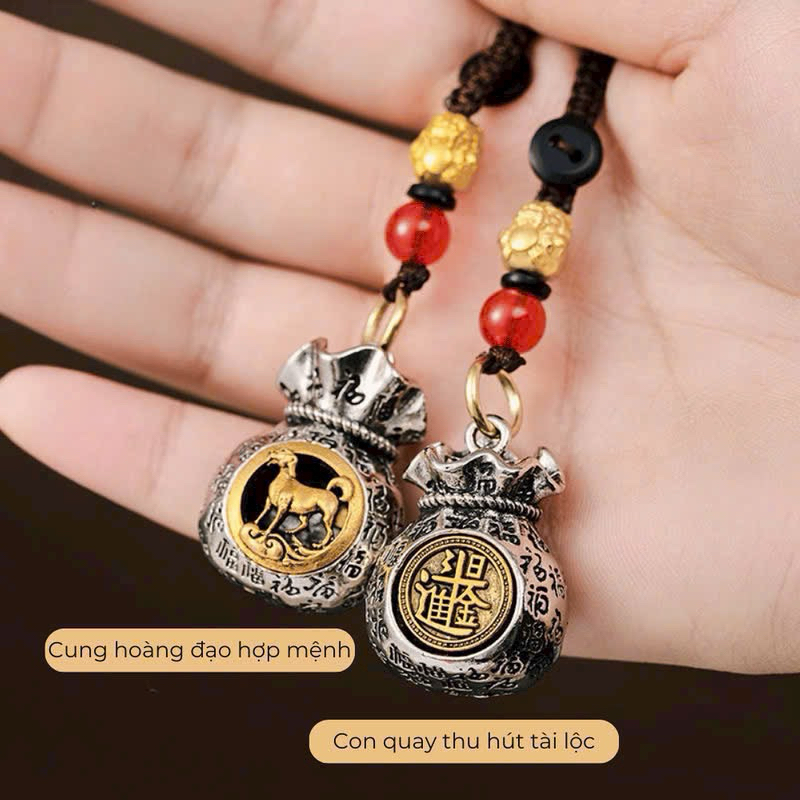 Móc Treo Chìa Khóa Túi Tiền Thần Tài 12 Con Gláp Xoay 360 độ, Túi Đựng Tiền Tài Lộc May Mắn