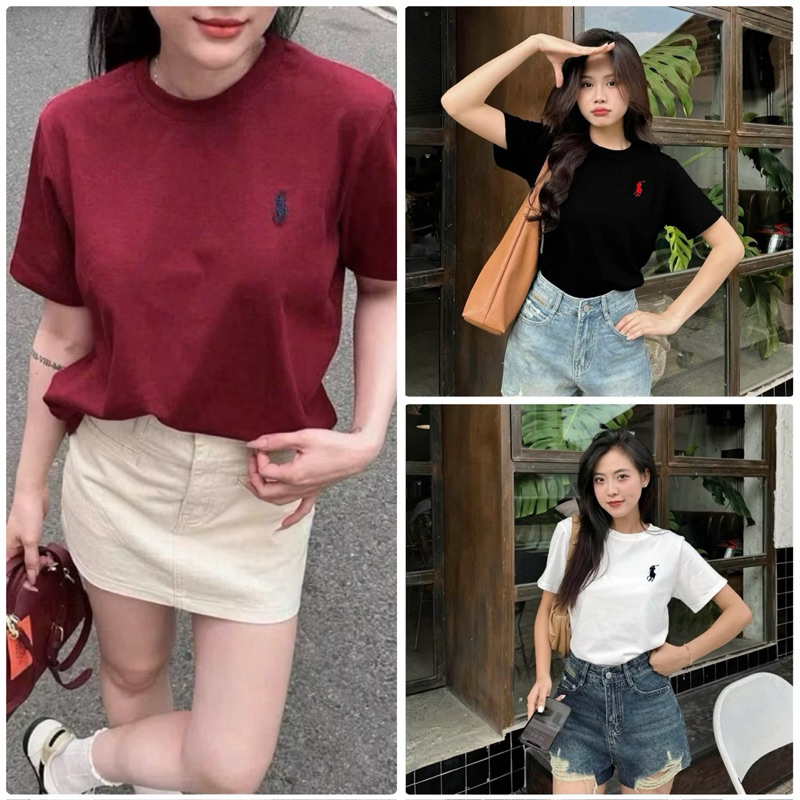 [New Hot] 004 Áo Thun Phông Nữ Cổ Tròn Đỏ Đô Thêu Ngựa Basic - Thiết Kế Đơn Giản Kèm Ảnh Thật