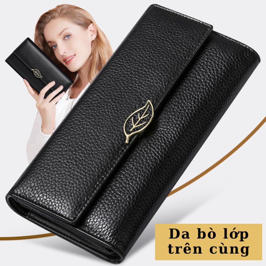 Ví dài nữ cầm tay da bò nắp gập, bóp nữ cao cấp BCV-VN01 chính hãng BANYANU có hộp làm quà tặng phong cách sang trọng