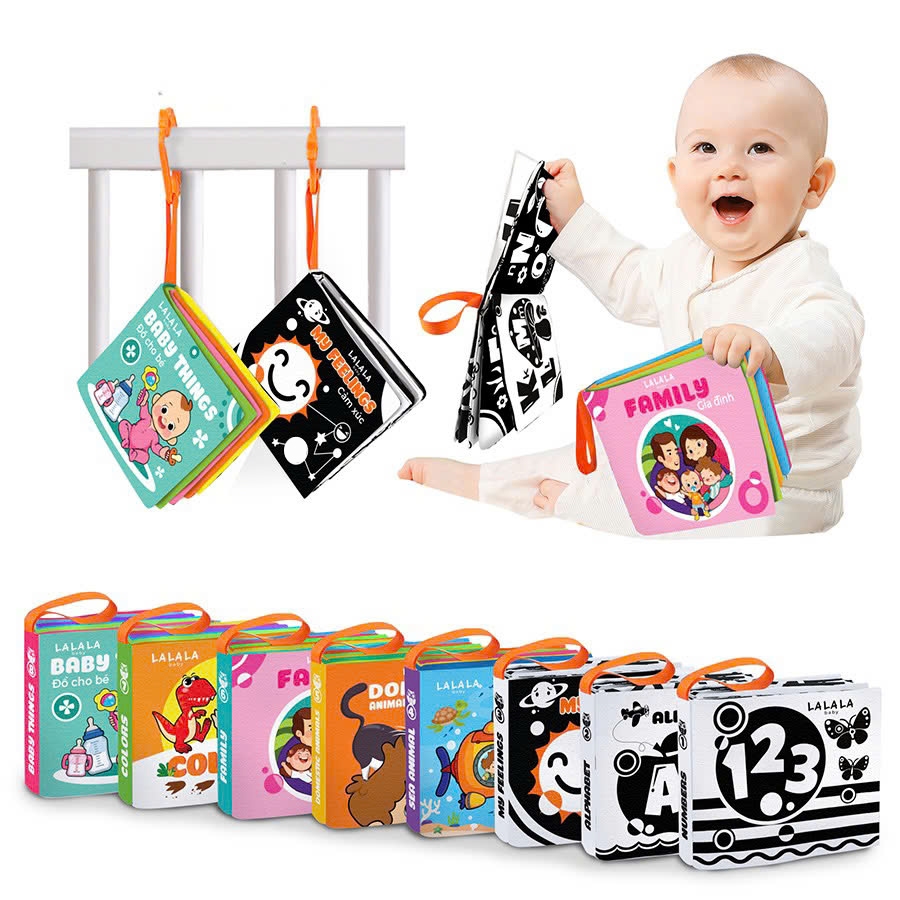 Sách vải cho bé sách kích thích giác quan an toàn tuyệt đối, kích thước mini, 8 mặt sột soạt