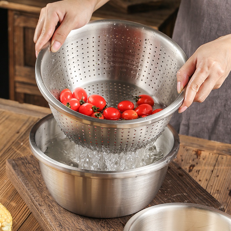 Bộ Thau và Rổ Inox Cao Cấp 304, đường kính 28CM. Dễ Dàng Vệ Sinh, Inox ...