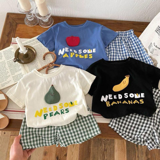 Set bộ áo phông hình trái cây quần kẻ đũi cho bé trai bé gái
