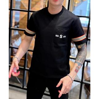 Áo Thun Nam Cổ Tròn Phối Túi Chữ Viền Tay Thêu Nổi Vải Cotton Co Giãn Thời Trang LUXURY