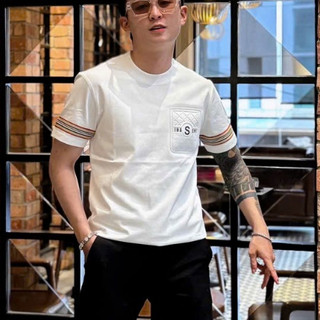 Áo Thun Nam Cổ Tròn Phối Túi Chữ Viền Tay Thêu Nổi Vải Cotton Co Giãn Thời Trang LUXURY