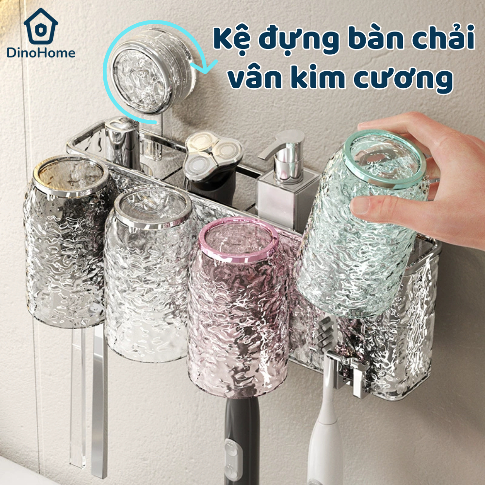 Kệ treo bàn chải kèm cốc trong suốt cao cấp dán tường tặng kèm cốc, Kệ đựng bàn chải đánh răng vân kim cương