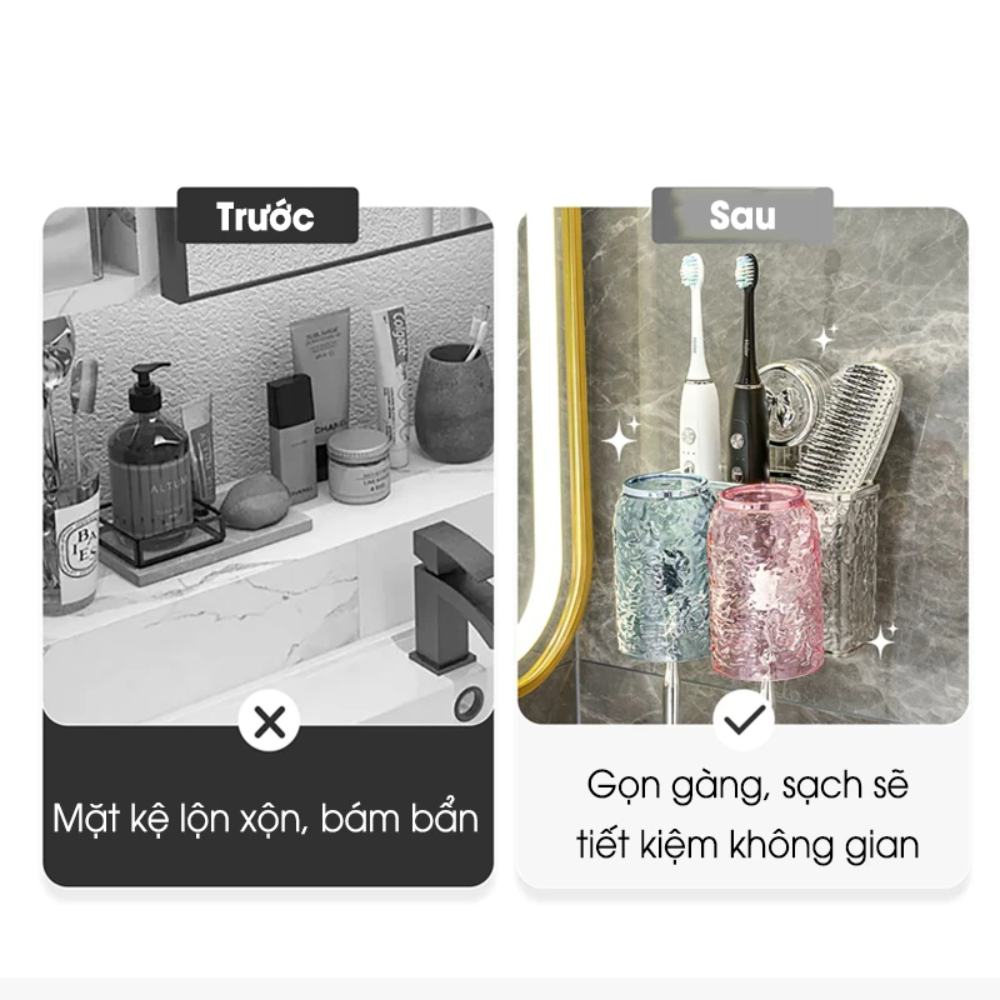 Kệ treo bàn chải kèm cốc trong suốt cao cấp dán tường tặng kèm cốc, Kệ đựng bàn chải đánh răng vân kim cương