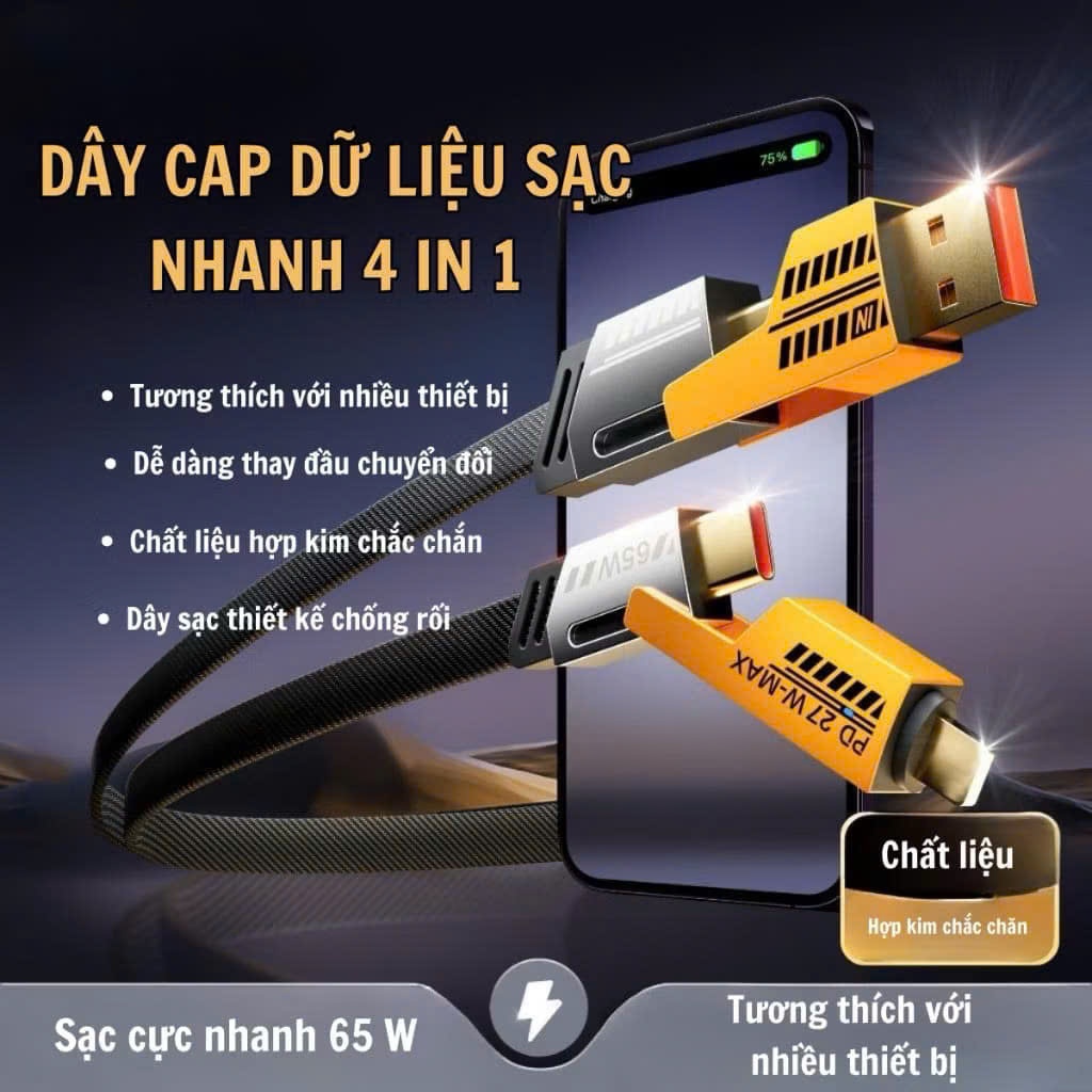 Dây cáp sạc nhanh 4 trong 1  65W 120W Cao Cấp, Dây Dù Chống Đứt