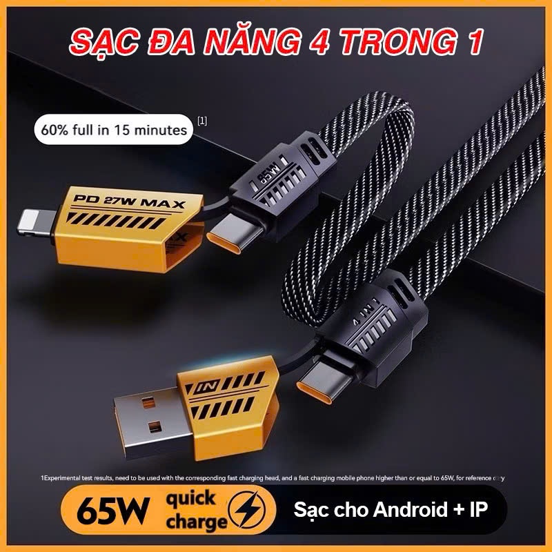 Dây cáp sạc nhanh 4 trong 1  65W 120W Cao Cấp, Dây Dù Chống Đứt