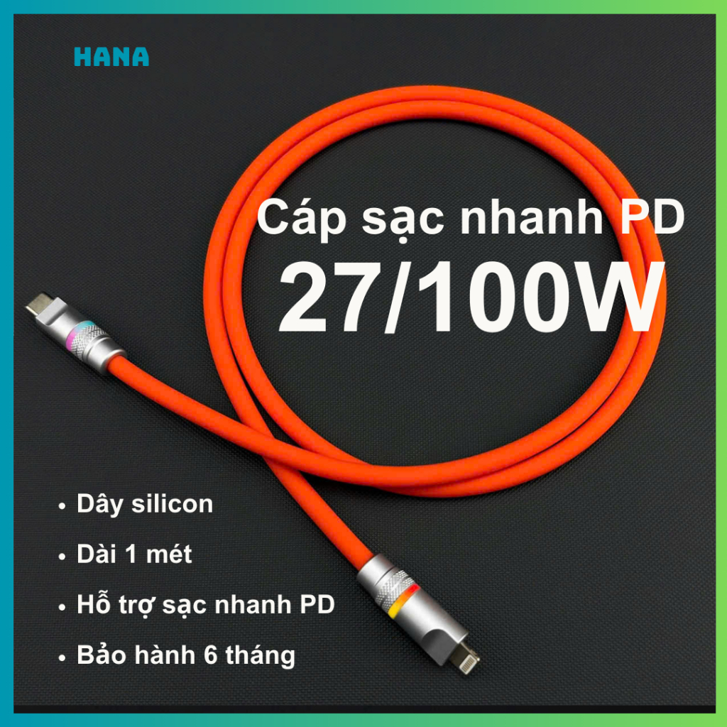 Cáp sạc nhanh 100W Type C - L / C - C, dài 1 mét, có chip E-marker, có đèn đổi màu, chất liệu silicon mềm, decor đẹp