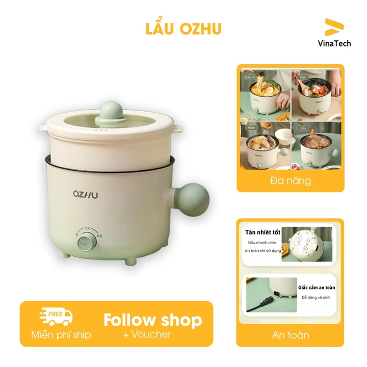 Nồi Lẩu Điện Mini Đa Năng, Ca Nấu Mì Ozhu 2 Nấc Nhiệt Dung Tích 1.8L Công Suất 600W Tặng Kèm Giá Hấp,