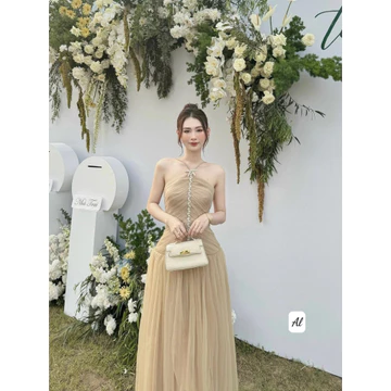 Váy nữ dự tiệc váy dáng dài váy tiểu thư tơ nâu dài đính đá siêu xinh hàng loại 1 chất dày đẹp