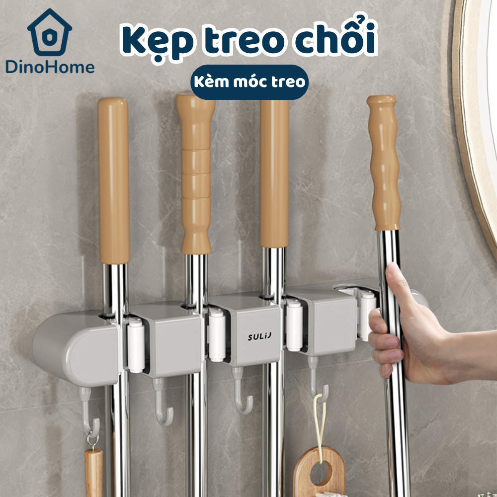 Kẹp treo chổi, cây lau nhà dán tường DINO kèm móc treo siêu chắc, Giá treo đồ đa năng dán tường chịu lực cao cấp