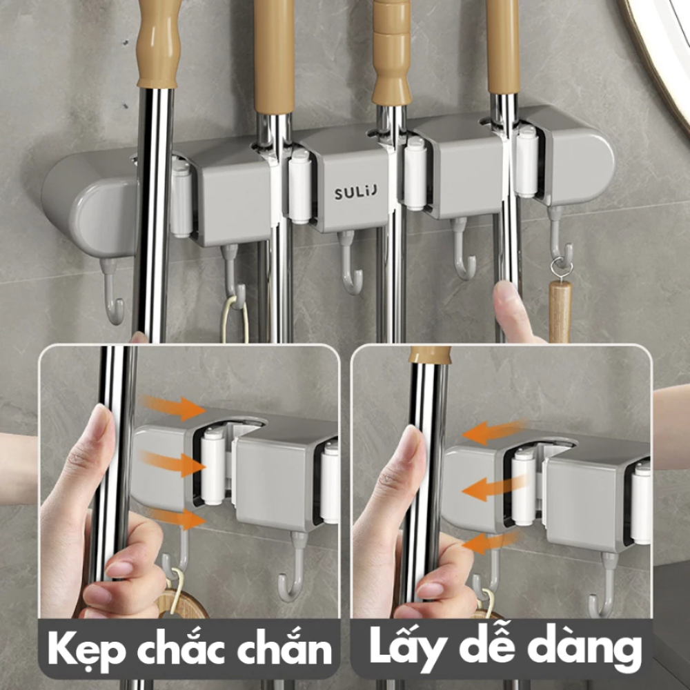 Kẹp treo chổi, cây lau nhà dán tường DINO kèm móc treo siêu chắc, Giá treo đồ đa năng dán tường chịu lực cao cấp