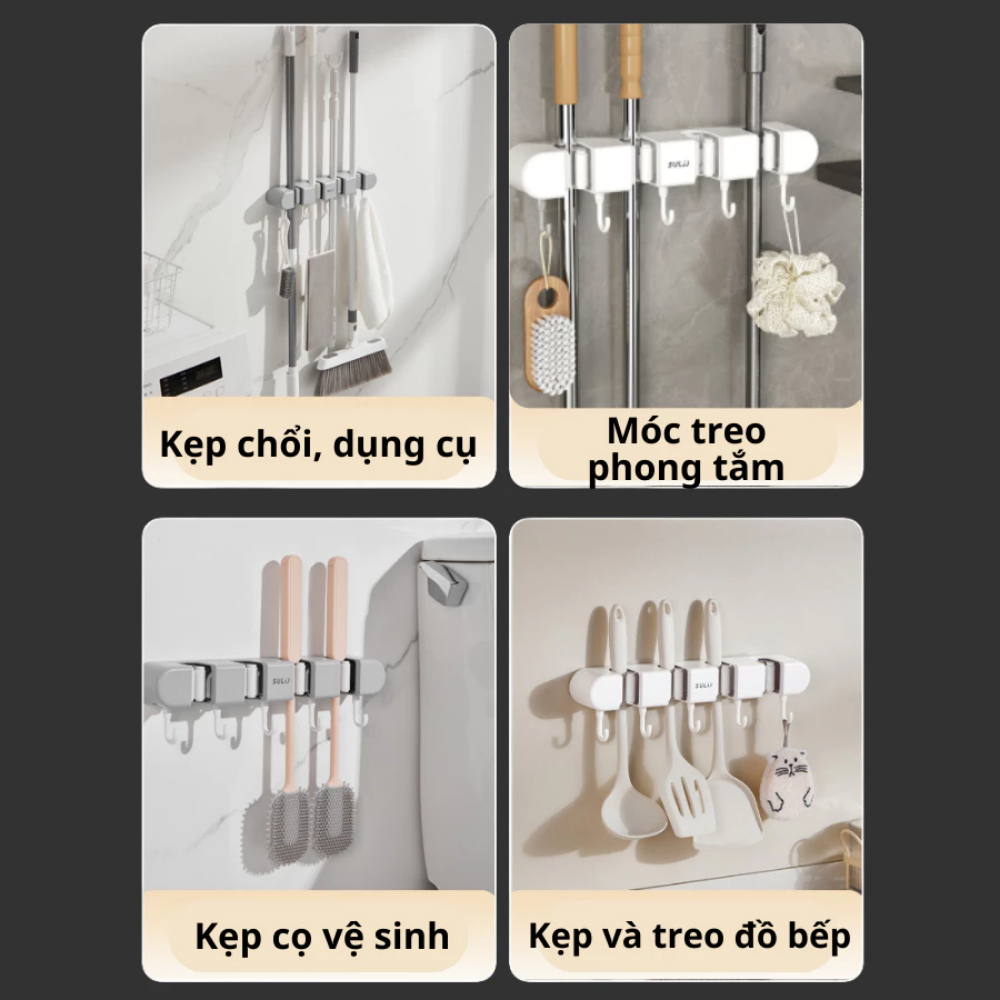 Kẹp treo chổi, cây lau nhà dán tường DINO kèm móc treo siêu chắc, Giá treo đồ đa năng dán tường chịu lực cao cấp