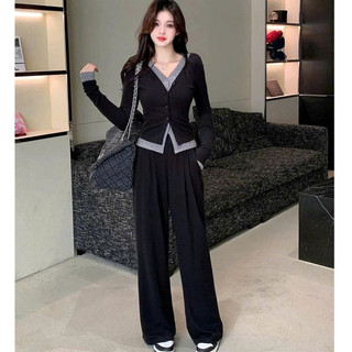 Set dài tay,Bộ dài tay cho Nữ Áo Hai Lớp Cúc Cài size 40-60 kg quần xuông ống rộng cạp chun co dãn mặc thoải mái