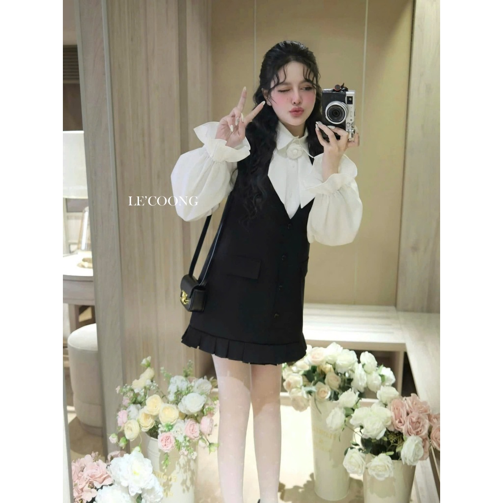 Ảnh Set ĐầmTiểu Thư Dáng Suông Phối Sơ Mi Tay Bồng LECOONG B202 Đầm Đẹp Màu Đen Xám Đính Hoa Sang Chảnh 1