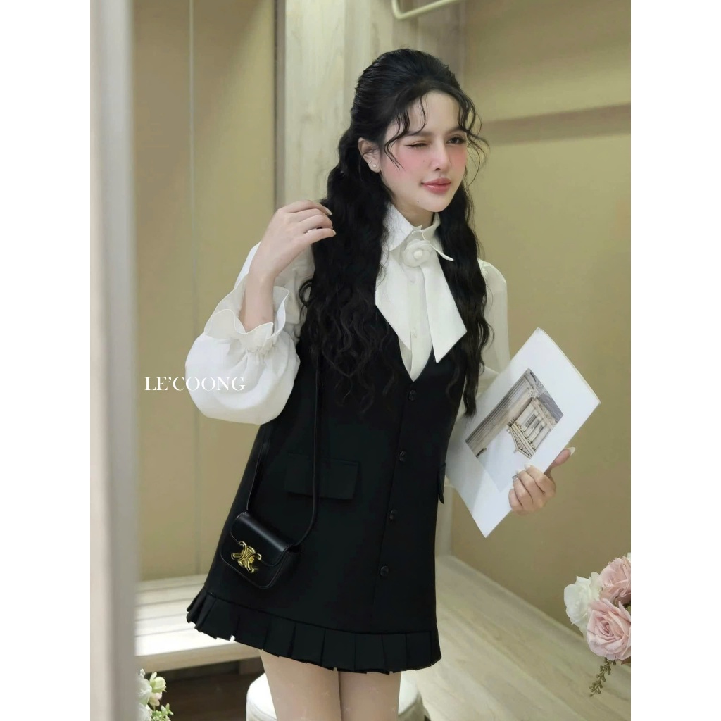 Ảnh Set ĐầmTiểu Thư Dáng Suông Phối Sơ Mi Tay Bồng LECOONG B202 Đầm Đẹp Màu Đen Xám Đính Hoa Sang Chảnh 3