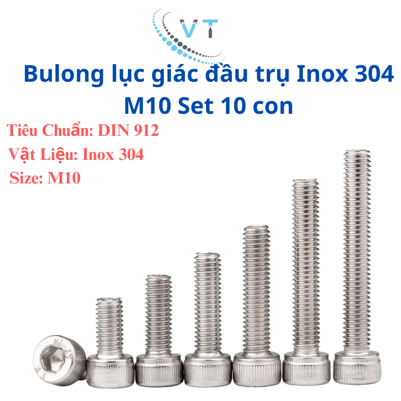 Set 10 Con Bu Lông Lục Giác Chìm Đầu Trụ Inox 304 M10 (10 Ly) Dài 20mm Đến 150mm - Chuẩn DIN 912