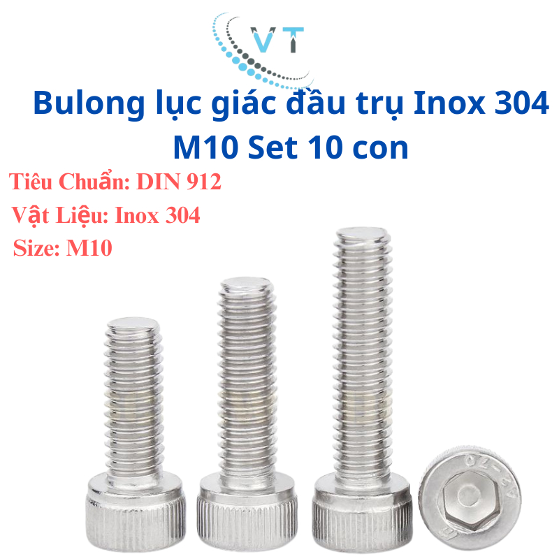 Set 10 Con Bu Lông Lục Giác Chìm Đầu Trụ Inox 304 M10 (10 Ly) Dài 20mm Đến 150mm - Chuẩn DIN 912