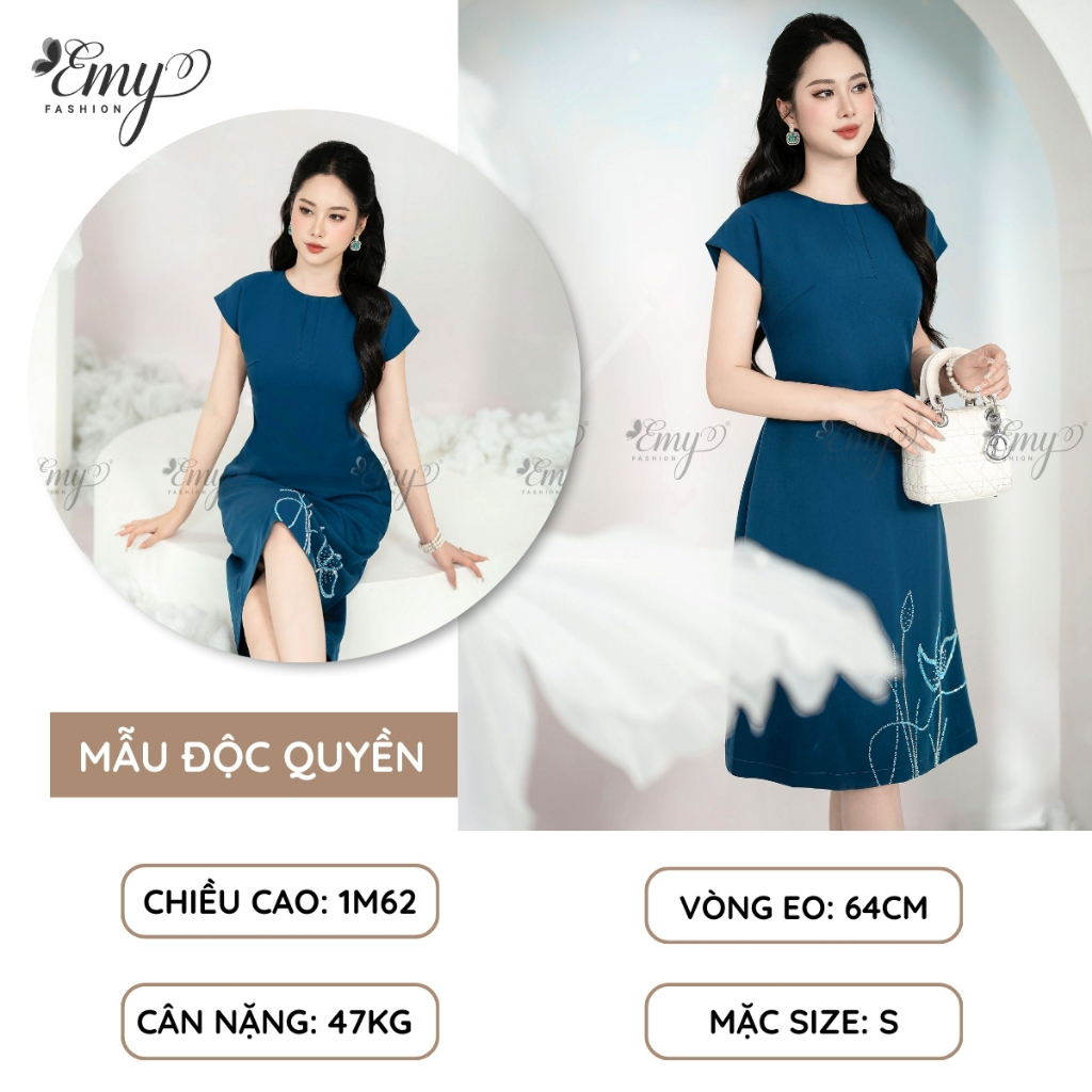 Ảnh Đầm Trung Niên Suông Xanh Kết Hạt Thiết Kế Cao Cấp EMY EM9400 Nhã Nhặn Dịu Dàng Đi Chơi, Đi Dự Tiệc 2