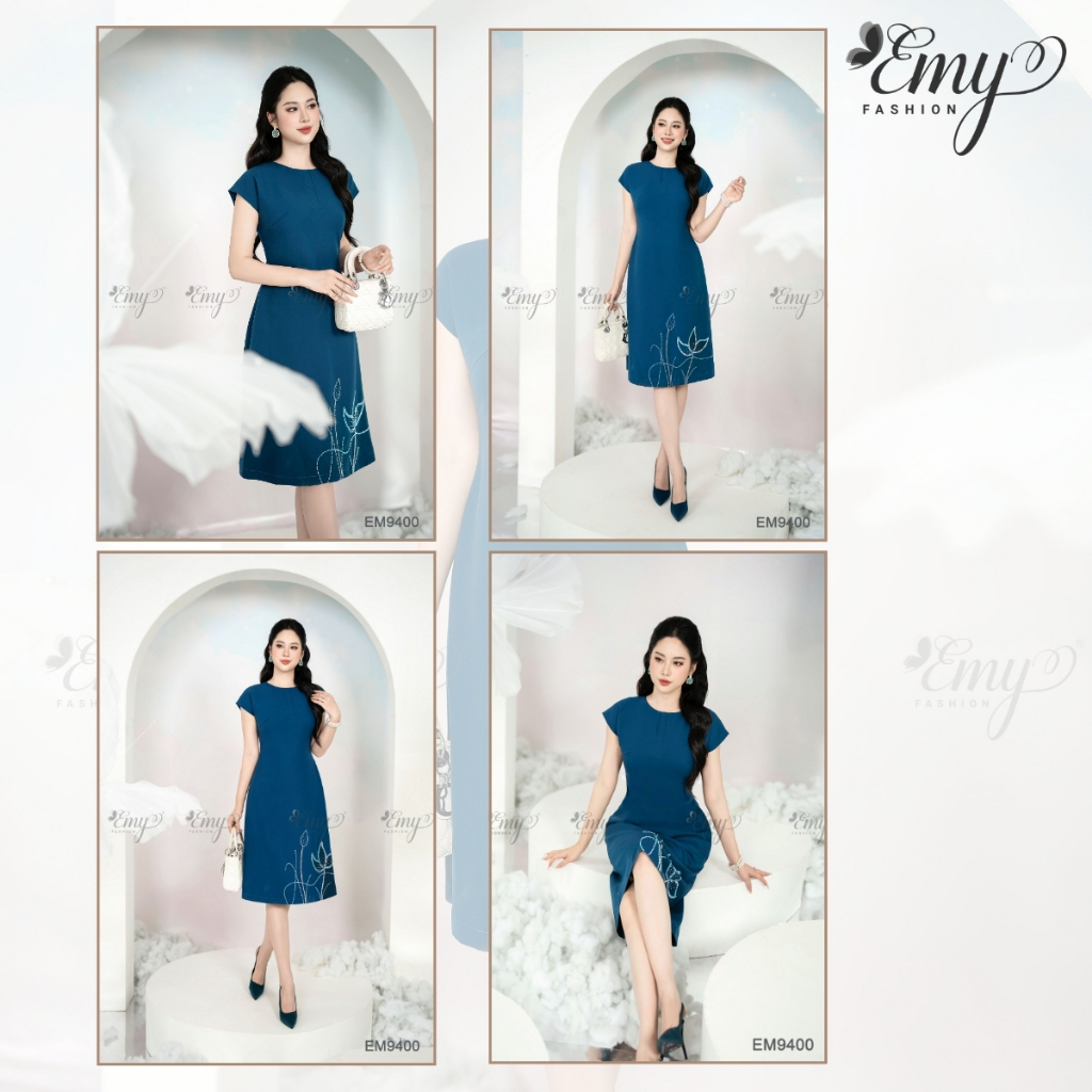 Ảnh Đầm Trung Niên Suông Xanh Kết Hạt Thiết Kế Cao Cấp EMY EM9400 Nhã Nhặn Dịu Dàng Đi Chơi, Đi Dự Tiệc 4