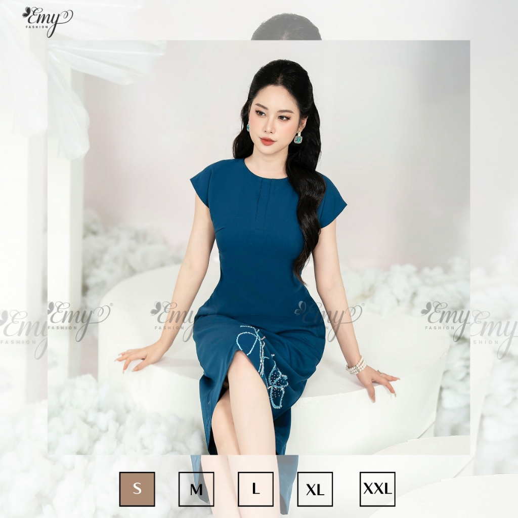 Ảnh Đầm Trung Niên Suông Xanh Kết Hạt Thiết Kế Cao Cấp EMY EM9400 Nhã Nhặn Dịu Dàng Đi Chơi, Đi Dự Tiệc 3