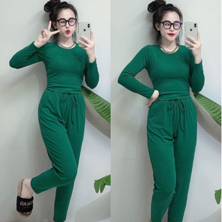 Set dài tay,Bộ dài tay cho Nữ chất vải thun tăm size 38-62 kg áo croptop quần ống đứng chất vải mềm mại co dãn thoải mái