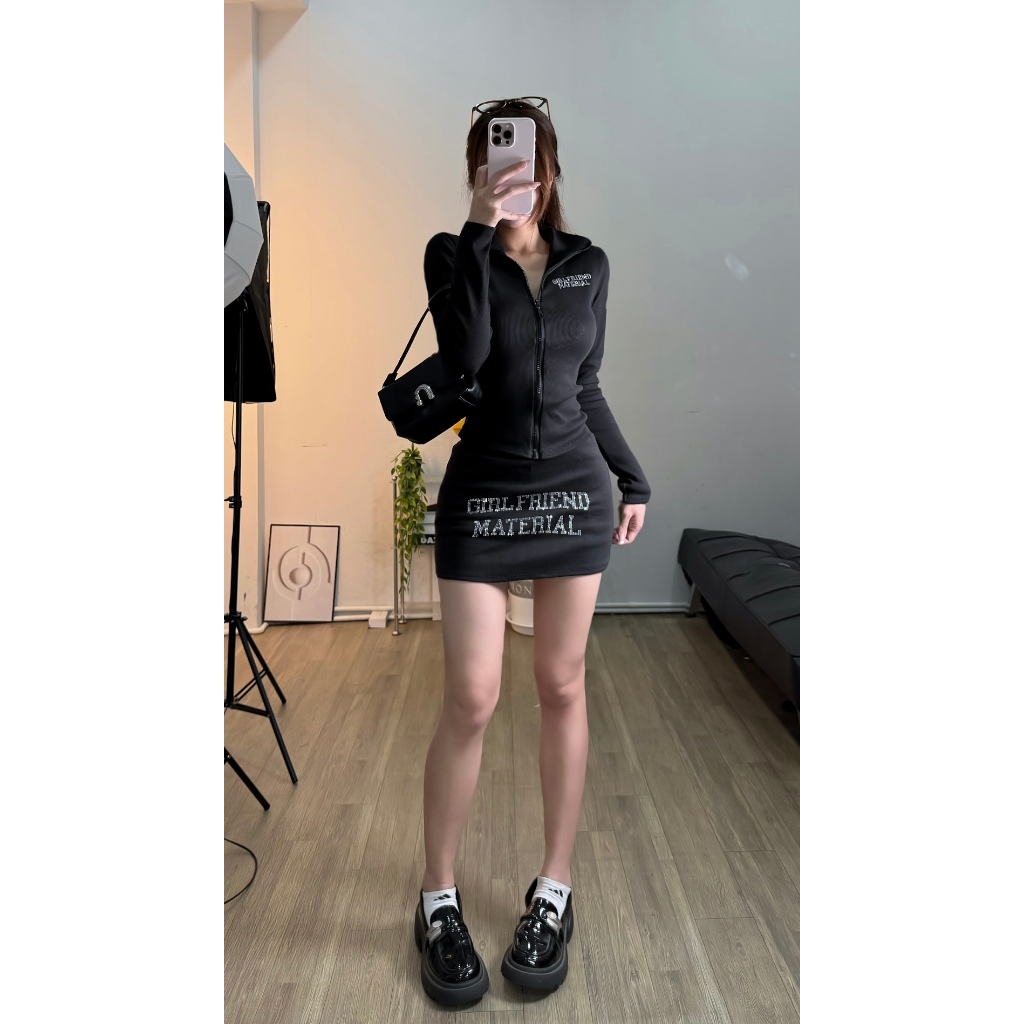 [ CÓ TÁCH SET] SET ÁO LEN BODY KHÓA ZIP KÈM CHÂN VÁY ĐÍNH ĐÁ FFCLUB GIRLFRIEND MIX