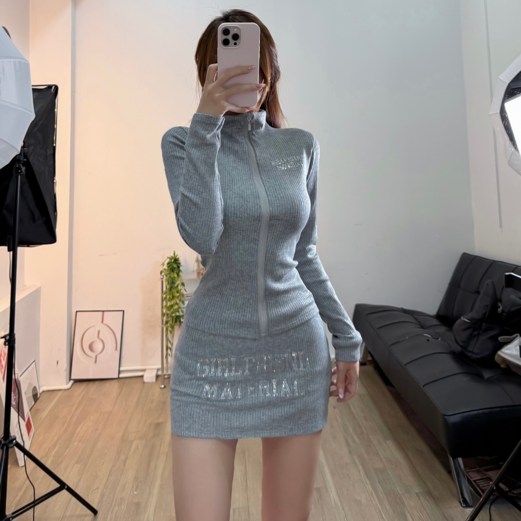 [ CÓ TÁCH SET] SET ÁO LEN BODY KHÓA ZIP KÈM CHÂN VÁY ĐÍNH ĐÁ FFCLUB GIRLFRIEND MIX
