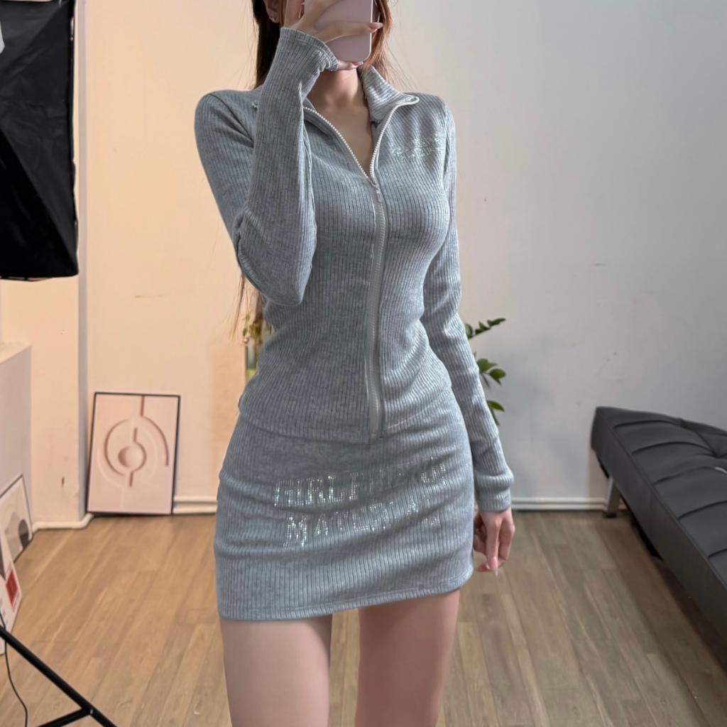 [ CÓ TÁCH SET] SET ÁO LEN BODY KHÓA ZIP KÈM CHÂN VÁY ĐÍNH ĐÁ FFCLUB GIRLFRIEND MIX