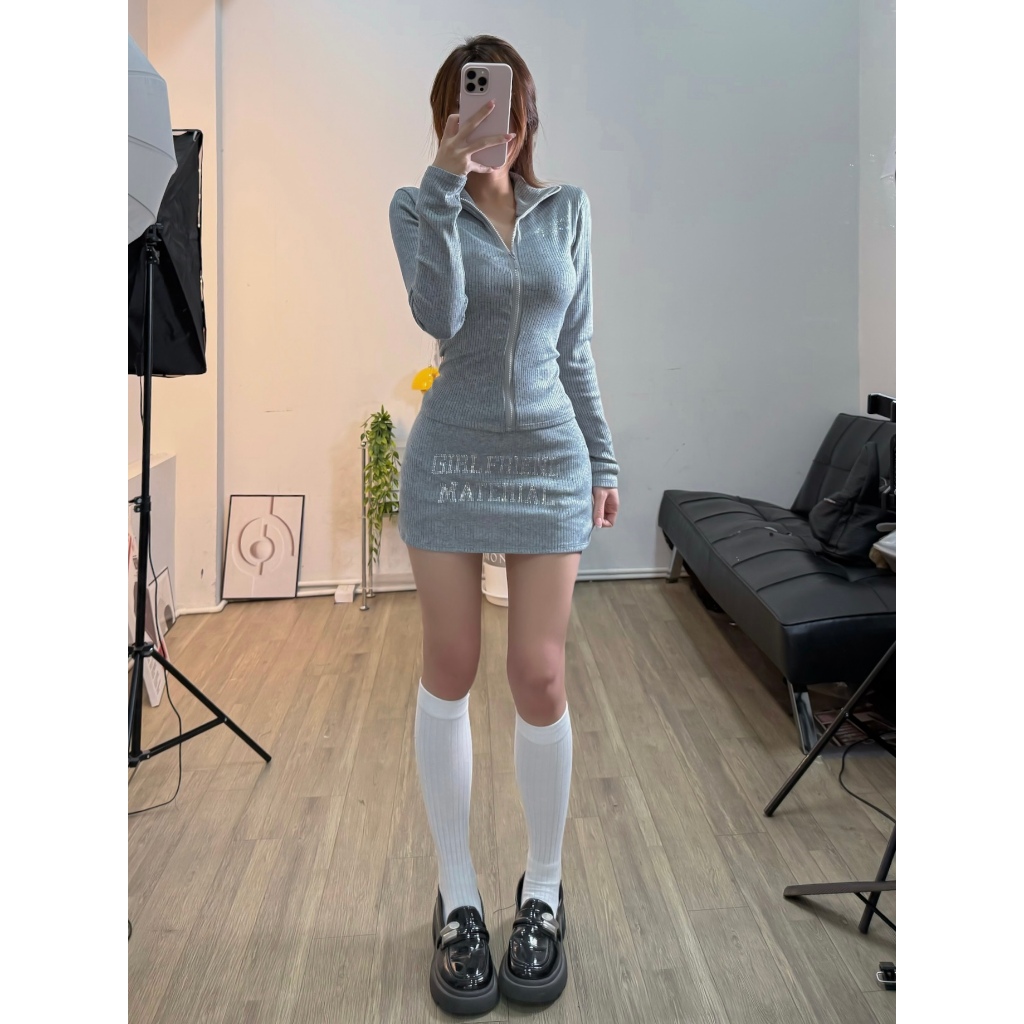 [ CÓ TÁCH SET] SET ÁO LEN BODY KHÓA ZIP KÈM CHÂN VÁY ĐÍNH ĐÁ FFCLUB GIRLFRIEND MIX