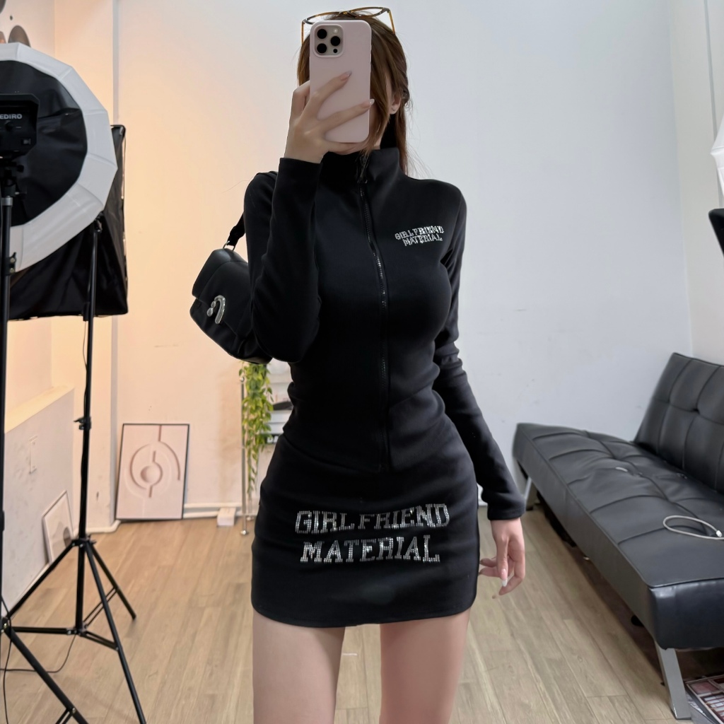 [ CÓ TÁCH SET] SET ÁO LEN BODY KHÓA ZIP KÈM CHÂN VÁY ĐÍNH ĐÁ FFCLUB GIRLFRIEND MIX