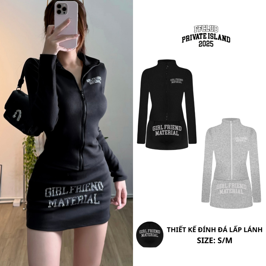 [ CÓ TÁCH SET] SET ÁO LEN BODY KHÓA ZIP KÈM CHÂN VÁY ĐÍNH ĐÁ FFCLUB GIRLFRIEND MIX