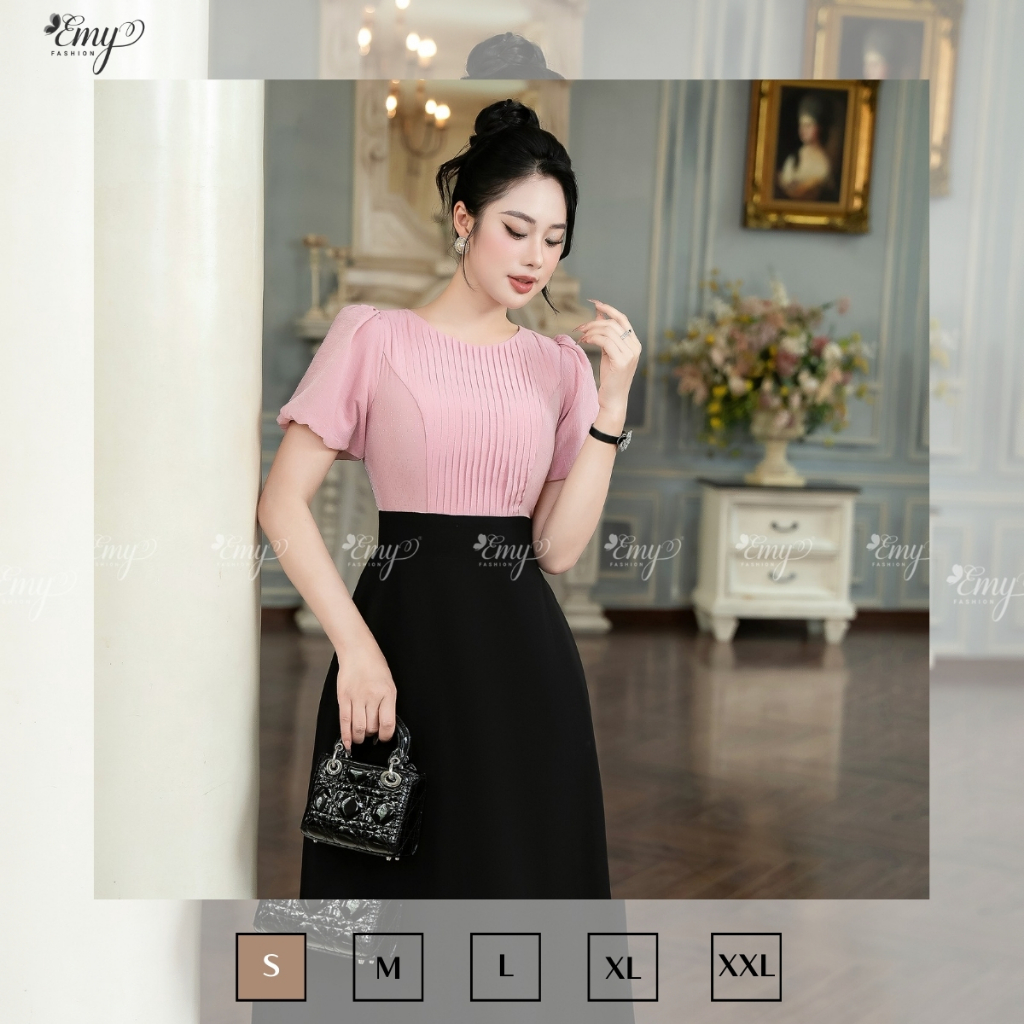 Ảnh Đầm EMY EM7498 Xoè Phối Hồng Đen 2