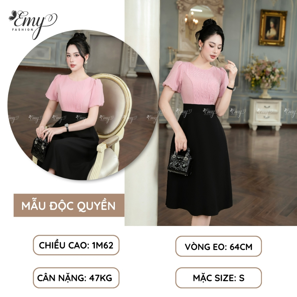Ảnh Đầm EMY EM7498 Xoè Phối Hồng Đen 1