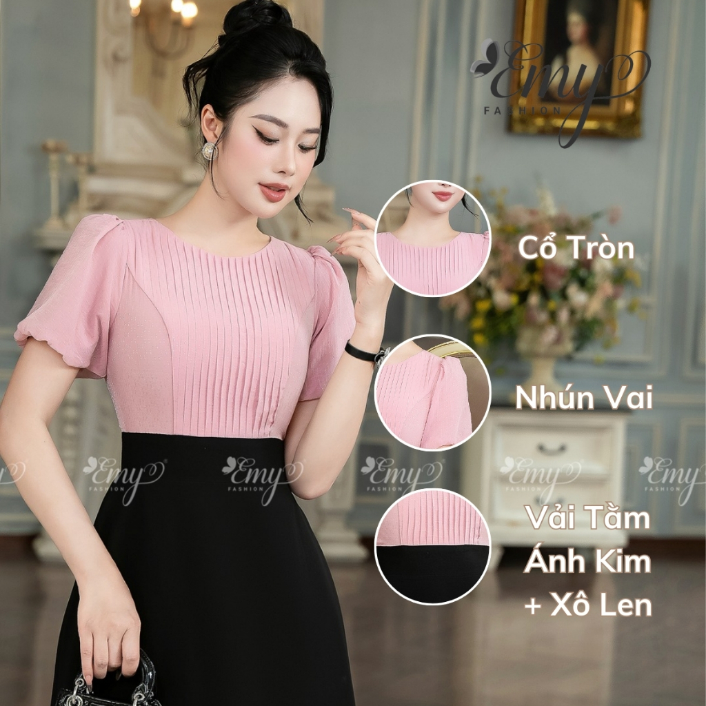 Ảnh Đầm EMY EM7498 Xoè Phối Hồng Đen 4