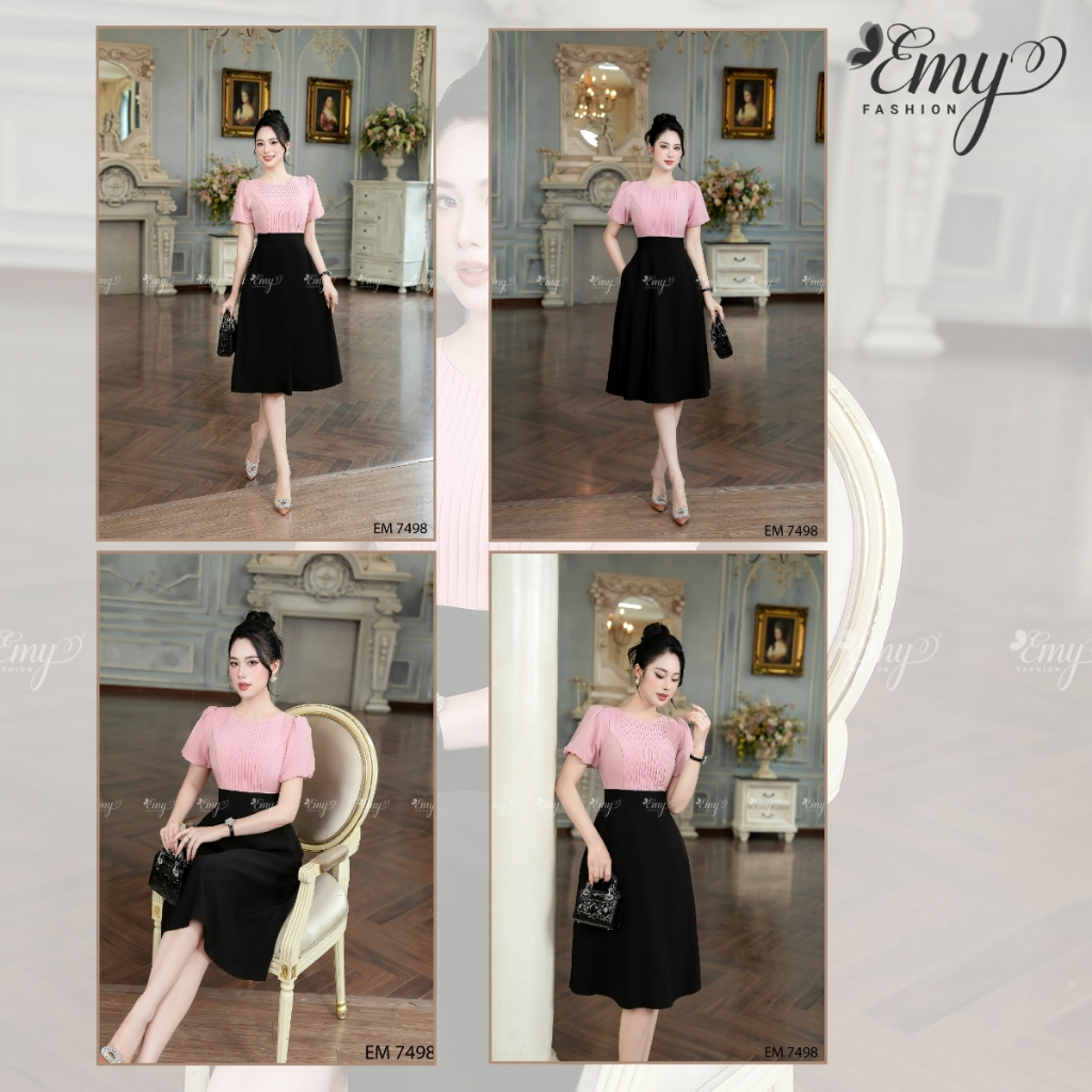 Ảnh Đầm EMY EM7498 Xoè Phối Hồng Đen 3