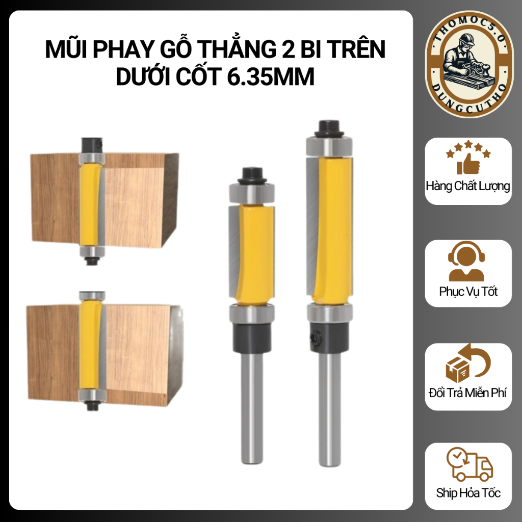 Mũi soi gỗ - mũi phay gỗ thẳng 2 bi trên dưới soi bi ngược lấy nền cốt bé 6.35mm Vàng MST2B-V-TQ