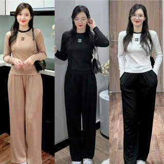 Set dài tay,Bộ dài tay cho Nữ MIN cổ Tim, cổ Tròn phối màu size 40-60 kg quần ống đứng chất vải mềm mại co dãn thoải mái
