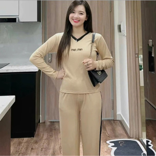 Set dài tay,Bộ dài tay cho Nữ MIN cổ Tim, cổ Tròn phối màu size 40-60 kg quần ống đứng chất vải mềm mại co dãn thoải mái