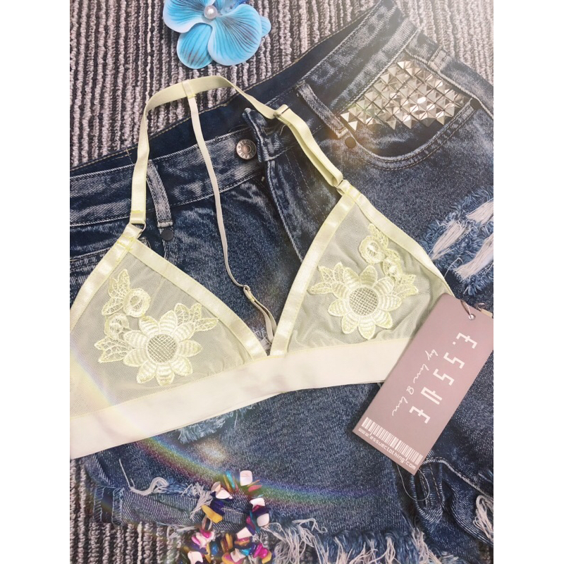 Áo Bralette Ren Lưng T Không Gọng Mút Chất Ren Xuyên Thấu Gợi Cảm Vân Hoa Hồng