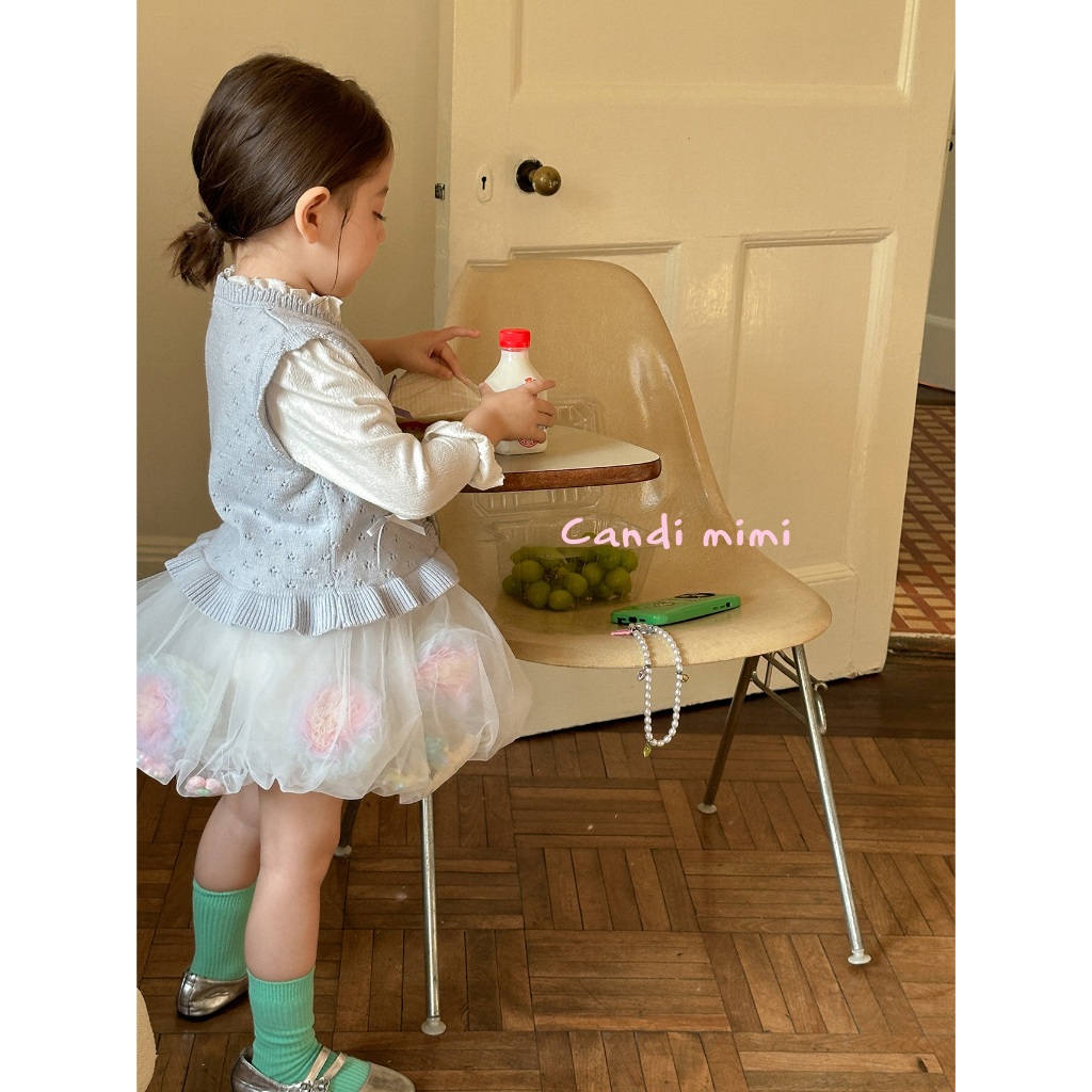 CANDIMIMI Áo gile len mỏng đính nơ cao cấp - Phong cách Hàn Quốc