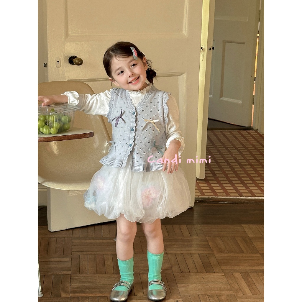 CANDIMIMI Áo gile len mỏng đính nơ cao cấp - Phong cách Hàn Quốc