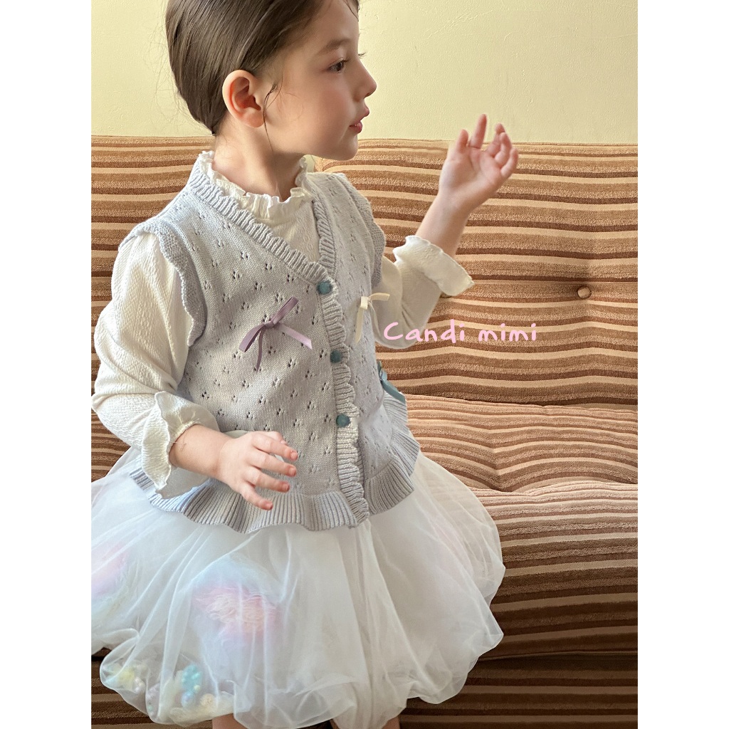 CANDIMIMI Áo gile len mỏng đính nơ cao cấp - Phong cách Hàn Quốc