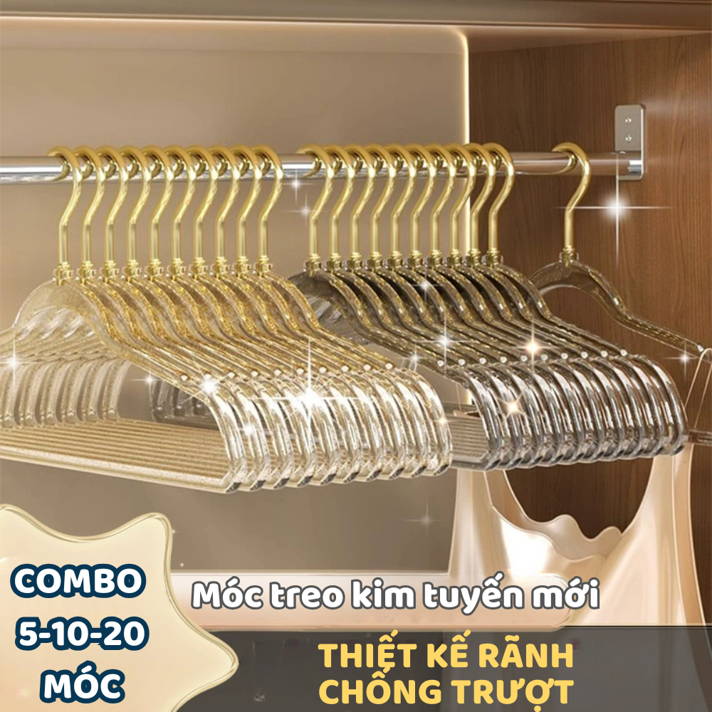 Combo 10 móc treo quần áo trong suốt DINO , mắc quần áo kim tuyến chống trượt xoay 360 độ đa năng thiết kế hiện đại