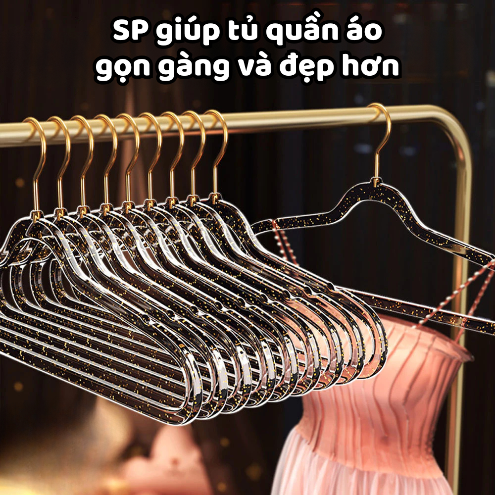 Combo 10 móc treo quần áo trong suốt DINO , mắc quần áo kim tuyến chống trượt xoay 360 độ đa năng thiết kế hiện đại